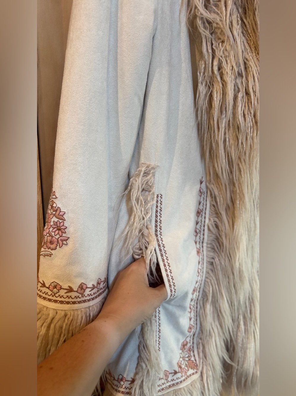 Spell & The Gypsy ‘Joplin’ Embroidered Penny Lane Faux Fur Trim Coat Sand Sable - Picture 4 of 10